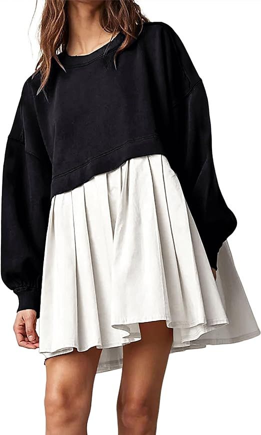 MISSACTIVER Women Oversized Sweatshirt Dress Patchwork Crewneck Long Sleeve Pullover Tops Flowy P... | Amazon (US)