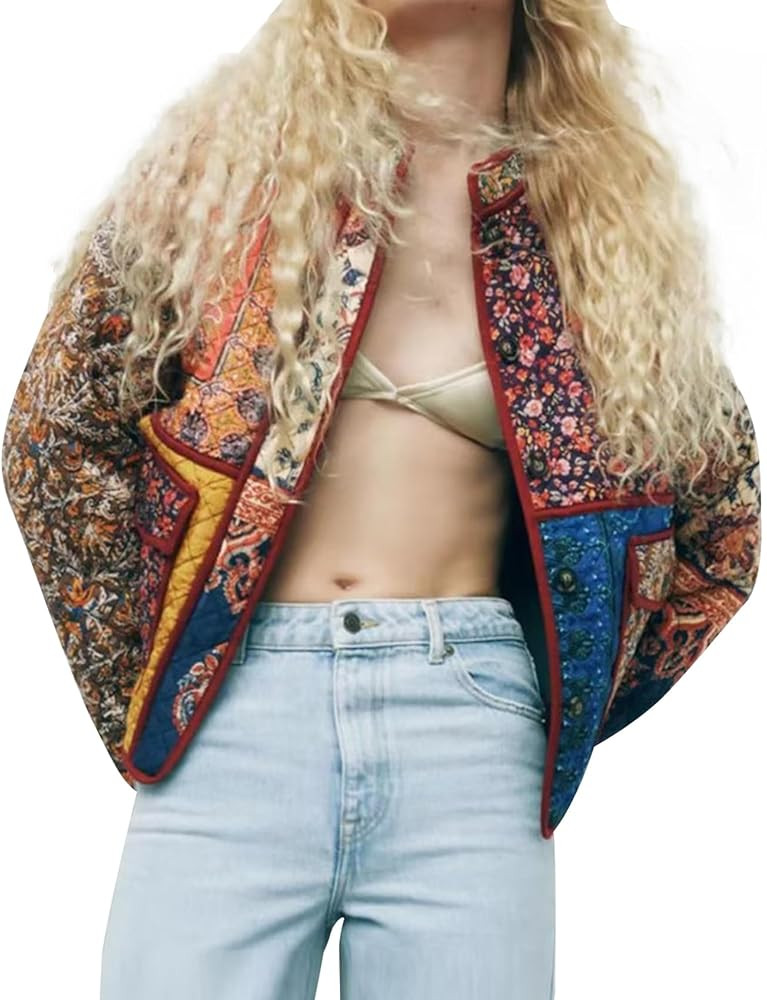 Women Floral Printed Quilted Jacket Colorblock Lightweight Padded Jacket Puffer Coat Outwear | Amazon (US)