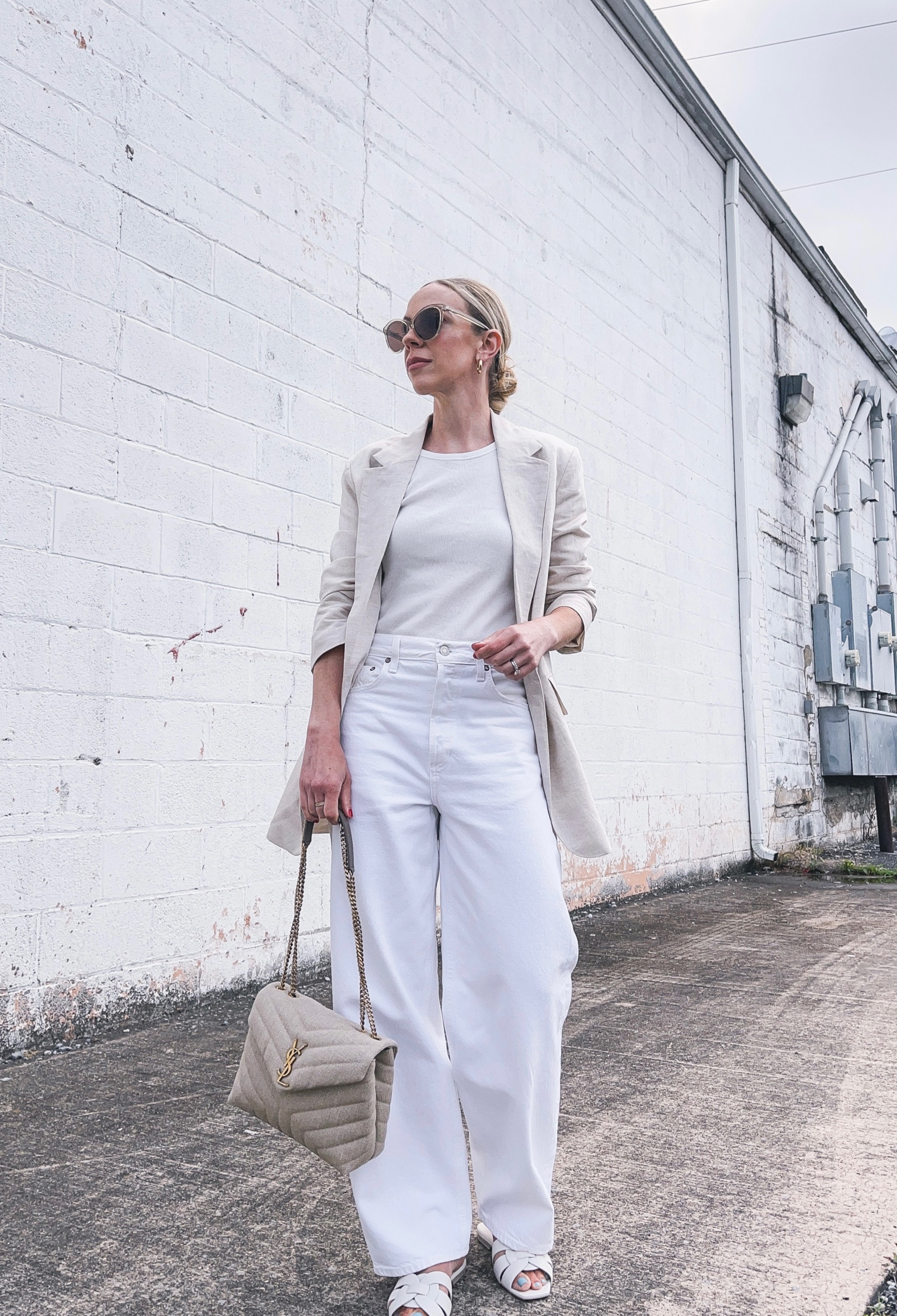 All white summer outfit, business casual, linen blazer, white baggy jeans, low rise denim, YSL sandals 

#LTKunder100 #LTKshoecrush #LTKstyletip