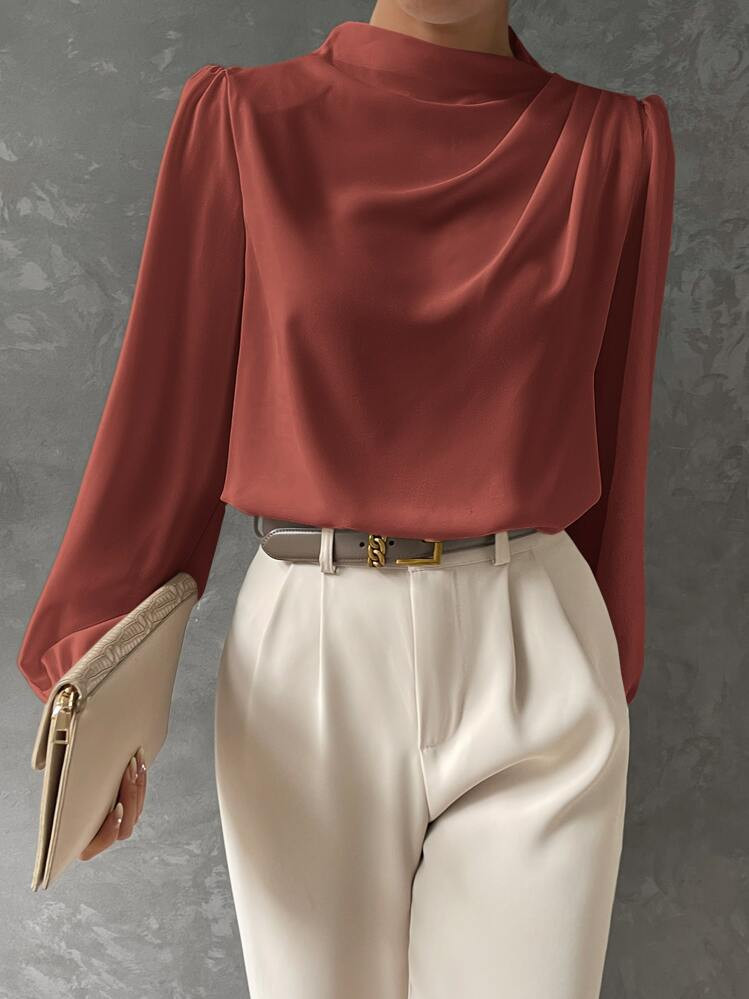 $14.89 -32% $21.99 BizChic Women's Solid Color Stand Collar Pleated Decor Loose Lantern Sleeve Long Sleeve Shirt, Basic Urban Commute Style, Simple Fashion Elegant Business Casual, Suitable For Teachers And Office Wear 4.82 (1000+) Color: Rust Brown   Size US 2 (XS) 4 (S) 6 (M) 8/10 (L) 12 (XL) Size Guide True to Size Not your size? Tell us  | SHEIN