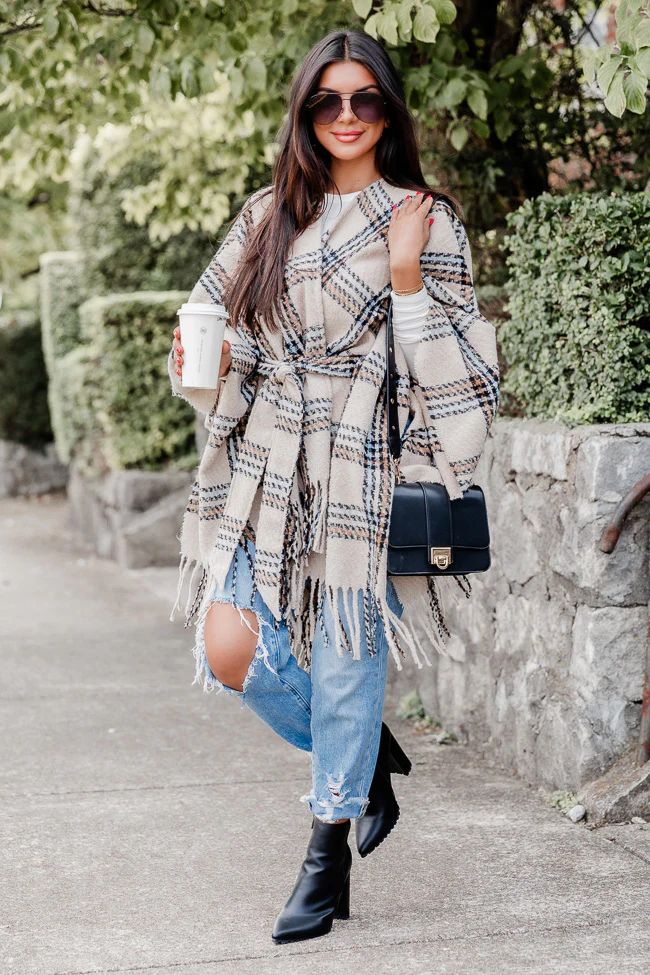 Full Of Hope Beige Plaid Poncho | Pink Lily
