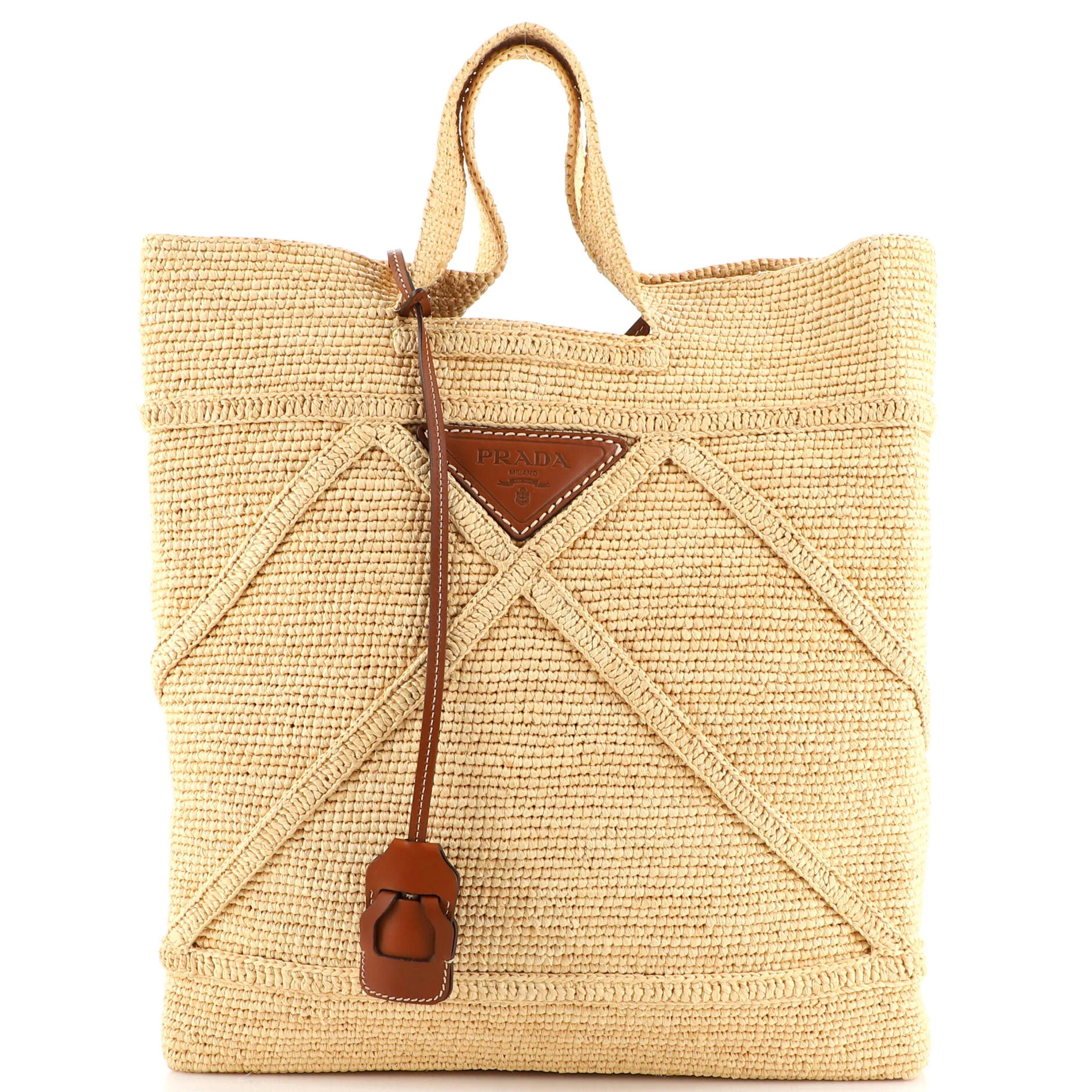 PRADA Triangle Logo Shopping Tote Crochet Raffia Large | Rebag