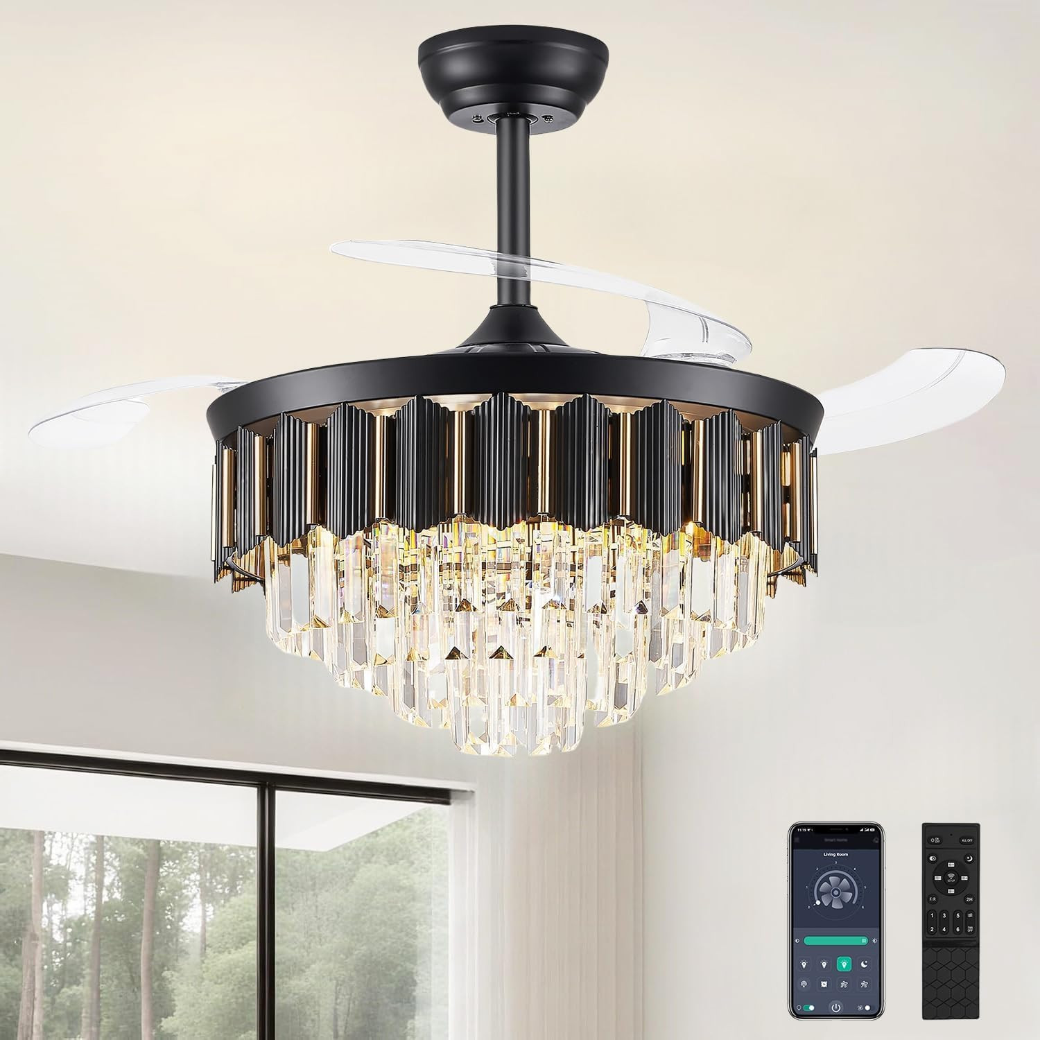 48 Inch Fandelier Ceiling Fan with Light, Chandelier Ceiling Fan for Bedroom Living Room, LED Dim... | Amazon (US)