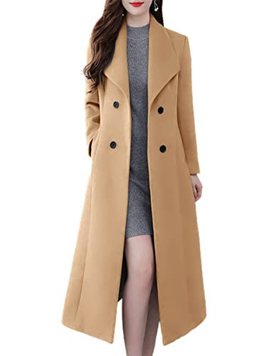 ebossy Women's Shawl Collar Double Breasted Below Knee Slim Wool Trench Long Coat (Small, Light tan) | Amazon (US)
