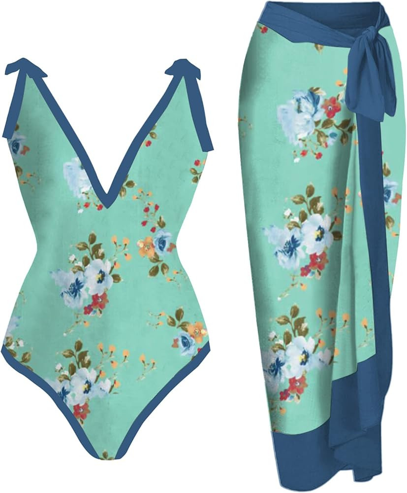 Women Vintage Colorblock Abstract Floral Print 1 Piece Swimwear+1 Piece Cover UP Two Piece Vintag... | Amazon (CA)