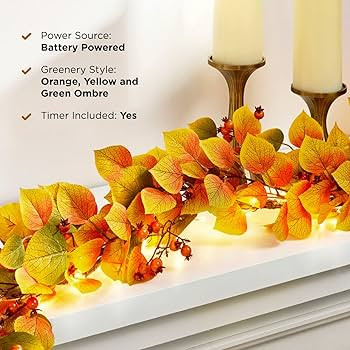 Leaf Garland with Lights - 120 LED Battery Operated, Realistic Autumn Leaves & Berries, 5 Ft, Lig... | Amazon (US)