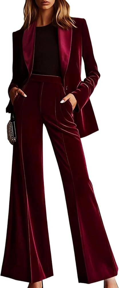 Velvet Womens Pant Suit 2 Piece Set Women Formal Office Work Suit Wedding Prom Tuxedo | Amazon (US)