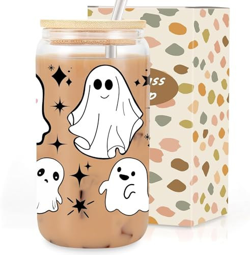 Sereficy Halloween Cups, 16 oz Cute Ghost Cup, Iced Coffee Tumbler with Lid and Straw, Glass Halloween Mugs, Spooky Gifts for Women Girls | Amazon (US)