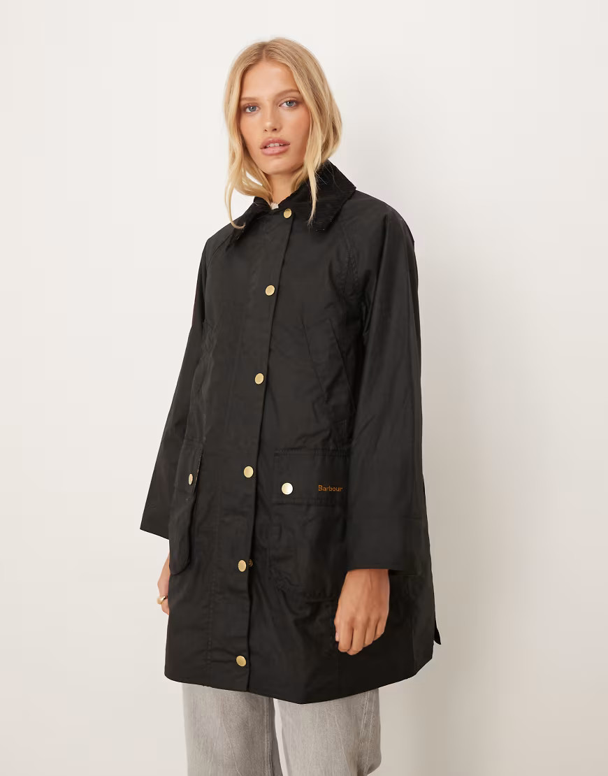 Barbour Long Beadnell wax jacket in black/classic | ASOS (Global)