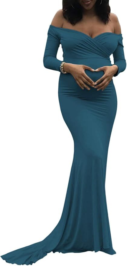 Saslax Maternity Elegant Fitted Maternity Gown Long Sleeve Slim Fit Maxi Photography Dress | Amazon (US)