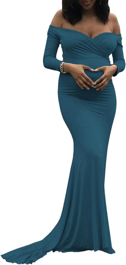 Saslax Maternity Elegant Fitted Maternity Gown Long Sleeve Slim Fit Maxi Photography Dress | Amazon (US)