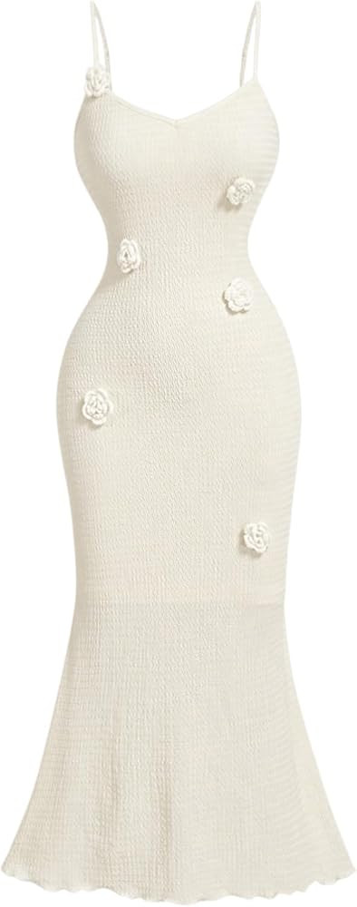 SOLY HUX Women's Summer Cami Midi Dress Floral Appliques V Neck Spaghetti Strap Bodycon Dresses | Amazon (US)