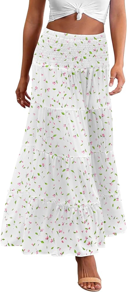 Zeagoo Women's Long Maxi Skirts Tiered Elastic High Waist Boho Double Layered Print A-Line Casual... | Amazon (US)