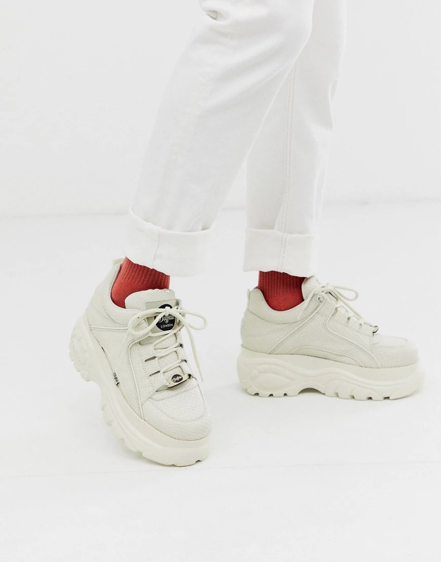Buffalo Classic chunky sole sneakers in off white snake leather | ASOS (Global)