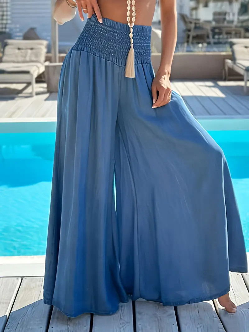 Solid Flowy Wide Leg Pants Casual Shirred Waist Floor Length - Temu | Temu Affiliate Program