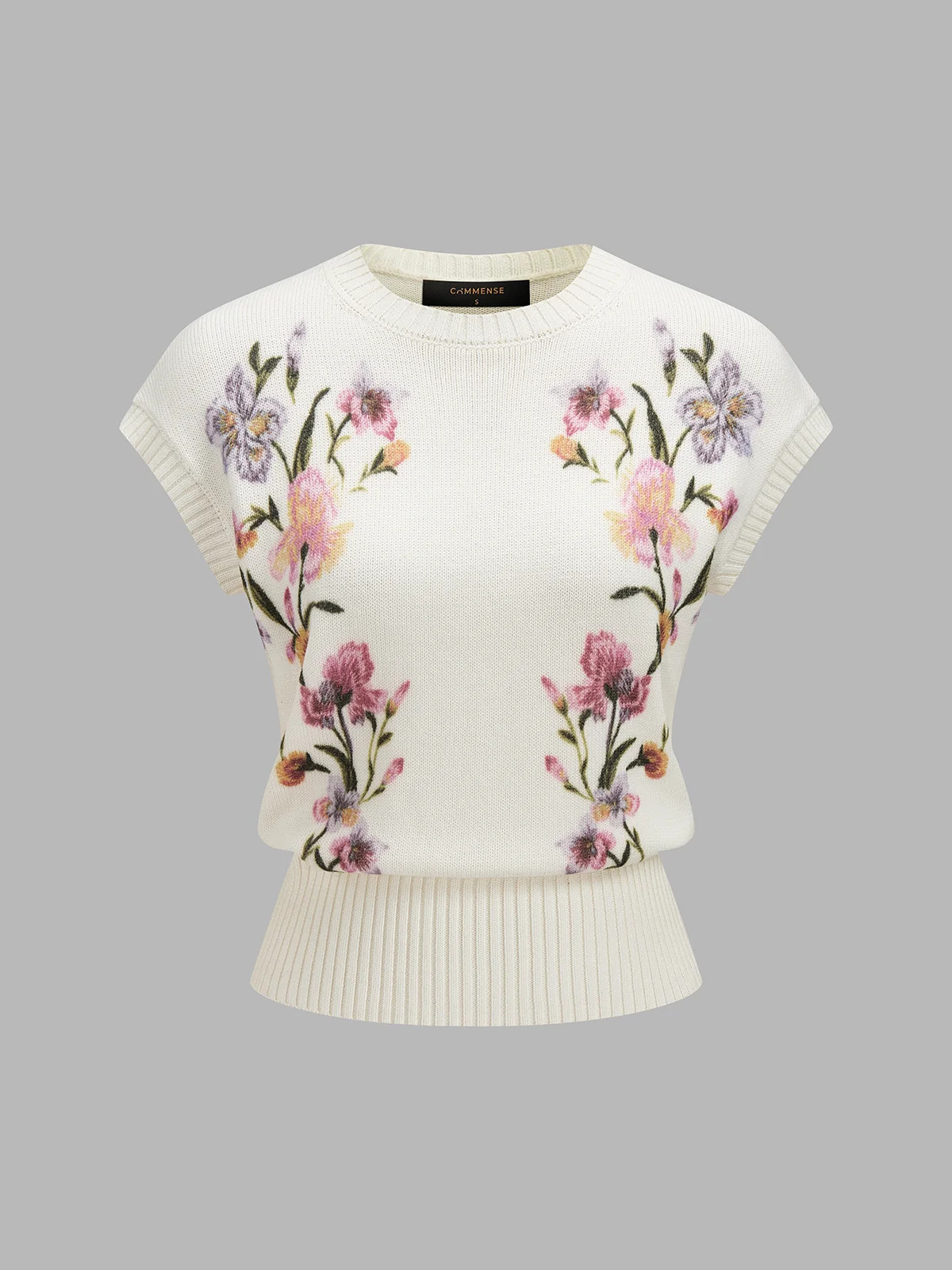Floral Pattern Round Neck Knit Vest | Commense