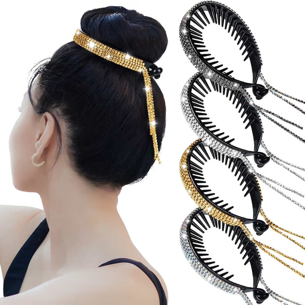 4 Pack Glitter Rhinestone Ponytail Hair Holders - Nest Barrettes, Bun Clips and Rhinestone Hair A... | Amazon (US)