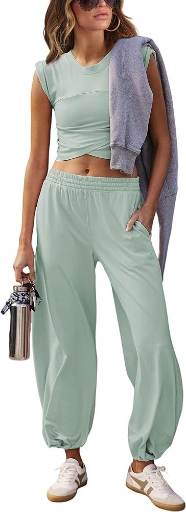 Springrain Womens Two Pieces Outfits Casual Lounge Sets Cropped Tops Sweatpants Tracksuit with Po... | Amazon (US)
