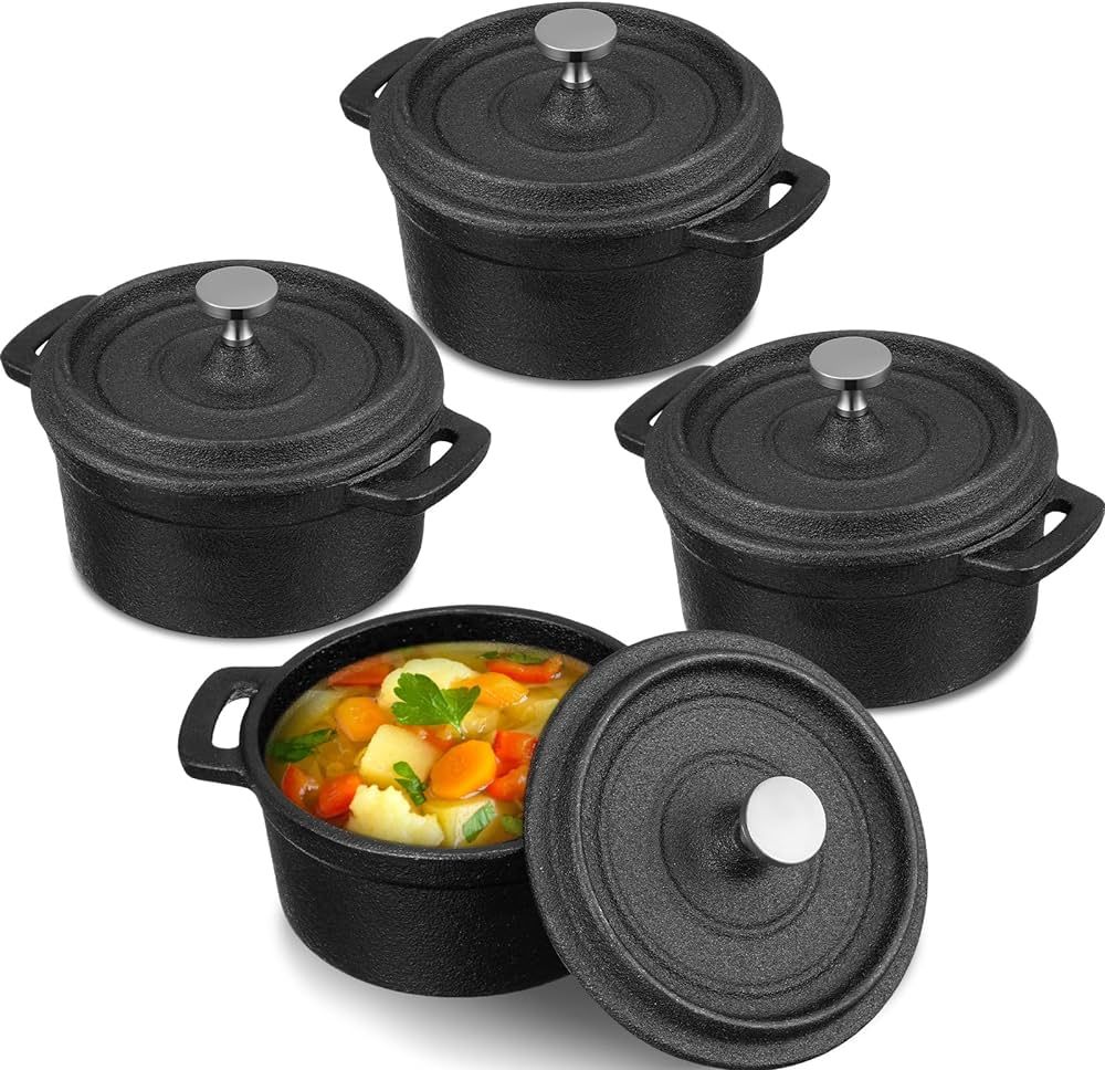 Suttmin 4 Pcs Mini Dutch Oven Small Round Iron Cocotte Black Dutch Oven Pot with Lid and Dual Han... | Amazon (US)
