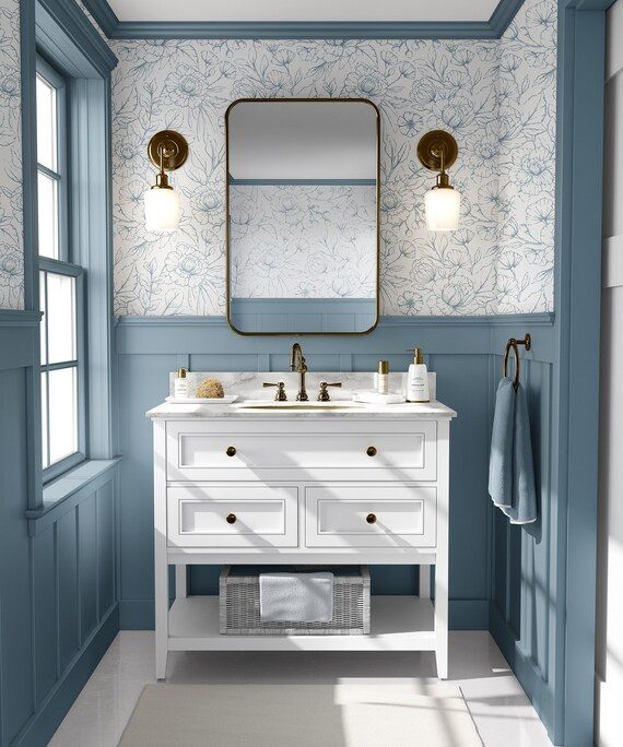 BLUE FLORAL, Whispering Steal blue Floral Wallpaper, Removable Peel & Stick Self-Adhesive Wallpap... | Etsy (US)