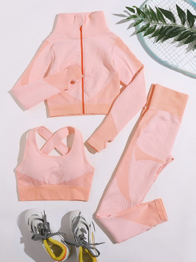 3pcs Sports Bra & Sports Jacket & Sports Leggings | SHEIN
