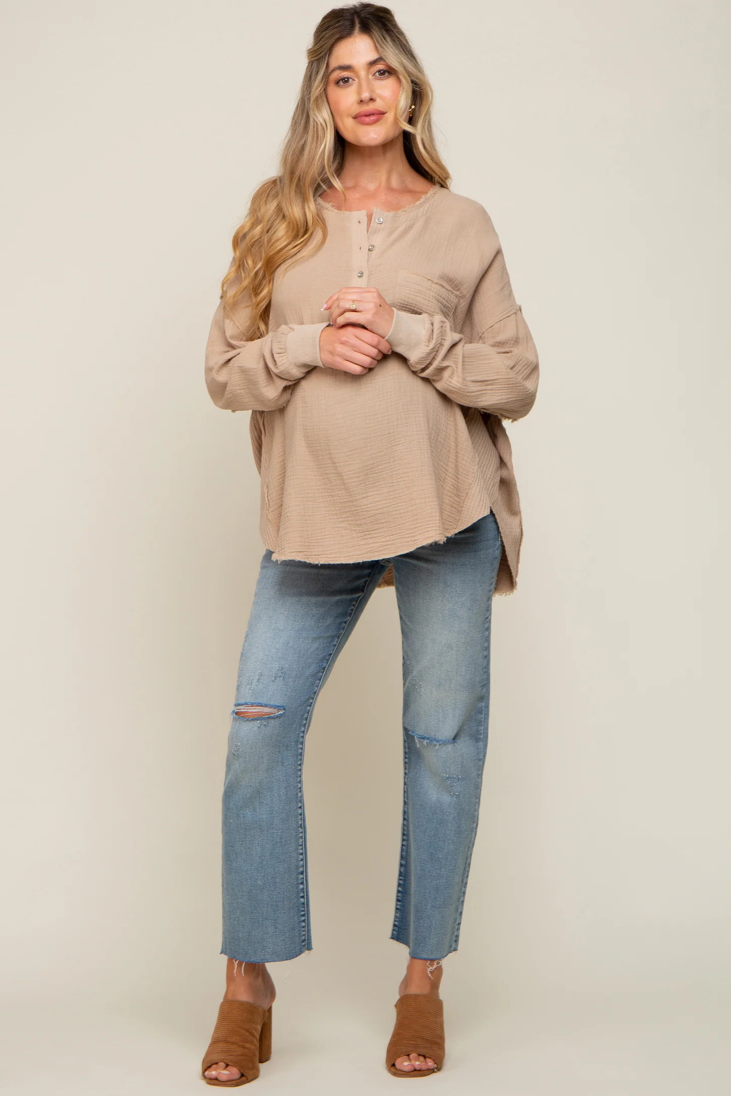 Beige Front Button Drop Shoulder Long Sleeve Maternity Top | PinkBlush Maternity