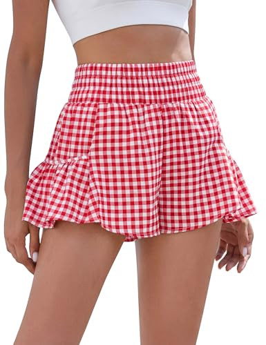BMJL Womens Gingham Shorts Flowy Athletic Checkered Skirts(L,Red Plaid2) | Amazon (US)