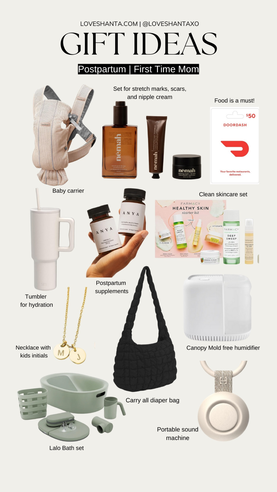 First time mom gifts. Postpartum gifts for mom. Baby carrier, postpartum gift set, postpartum supplements, door dash gift card, simple modern tumbler, puffer crossbody bag, canopy humidifier, initial necklace, gold necklace, portable sound machine, lalo bath set, clean skincare set,

#LTKbaby #LTKbump #LTKfamily