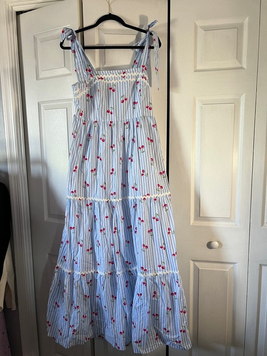 Rachel Zoe Light Blue Striped Cherry-Print Tie-Shoulder Maxi Dress | Poshmark