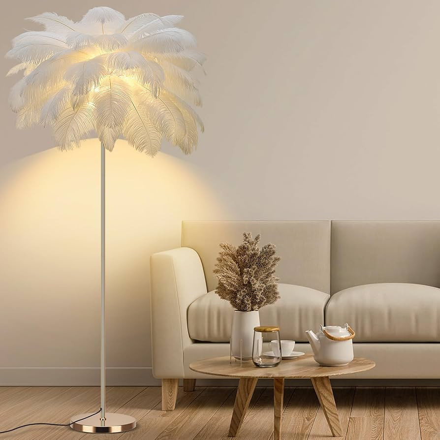 Feather Floor Lamp for Living Room, Fluffy Ostrich Feathers Lamp, Rose Gold Color Body, 3 Color T... | Amazon (US)