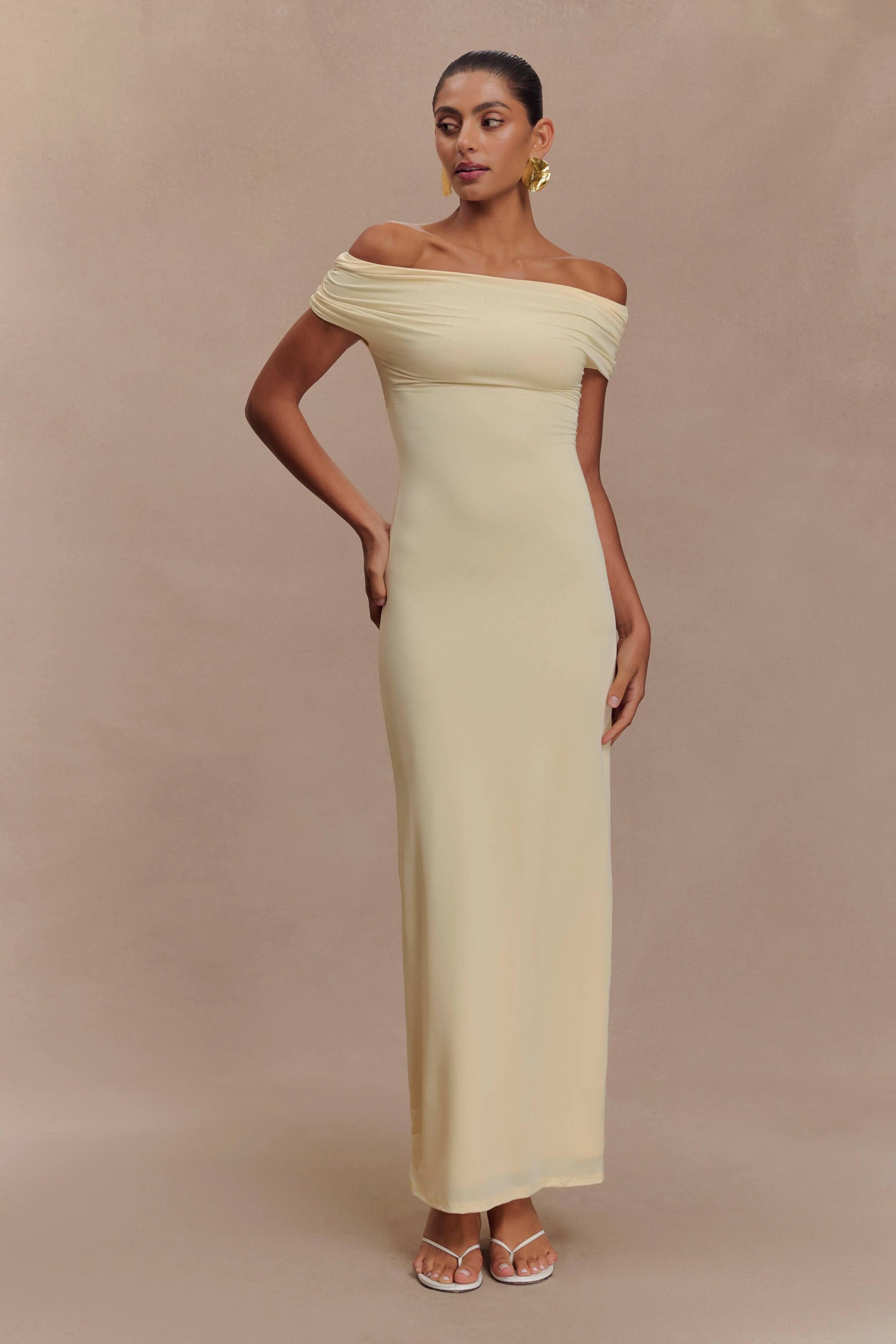 Imogen Off Shoulder Slinky Maxi Dress - Lemon | Meshki UK