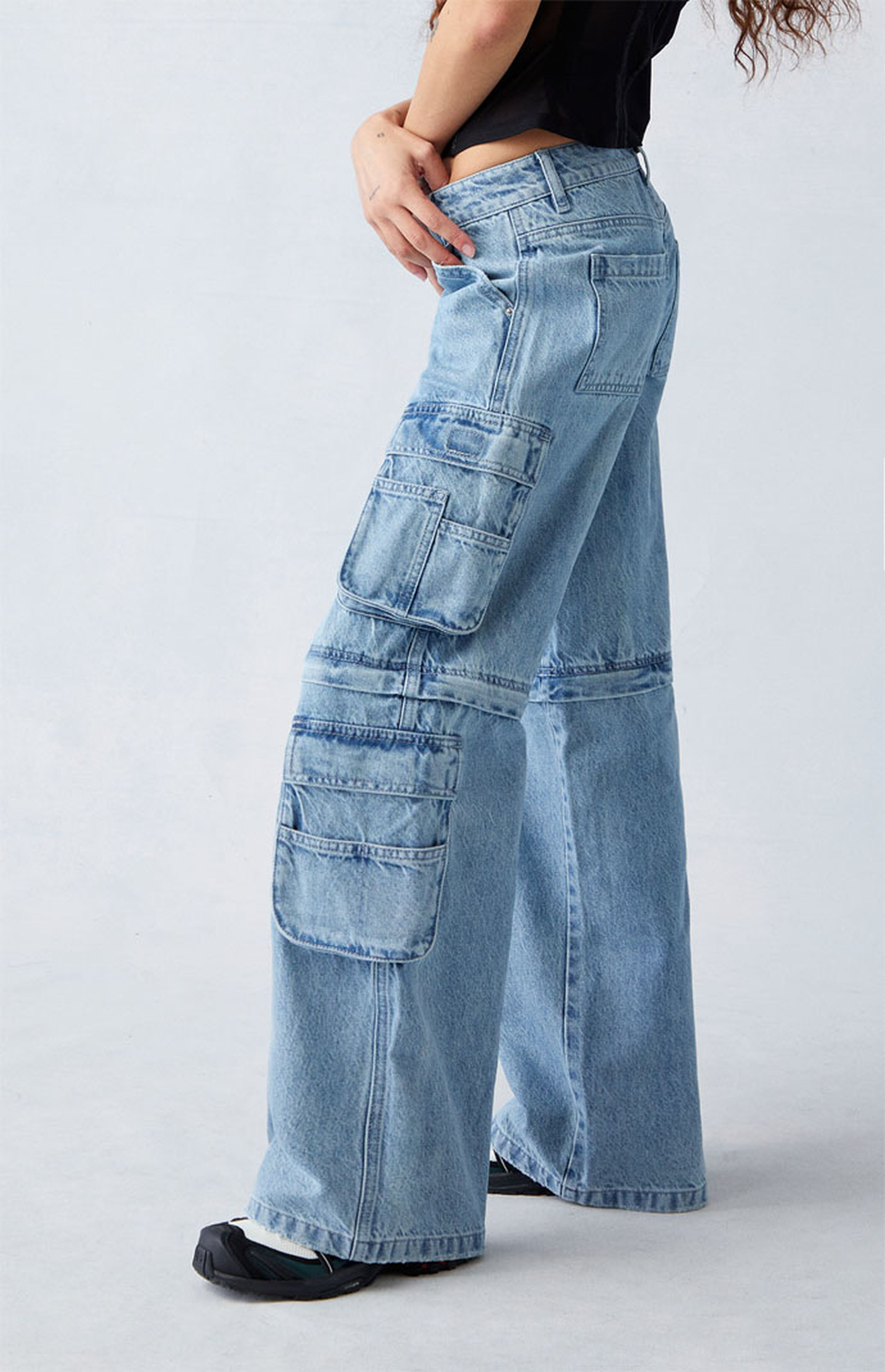 PacSun Light Indigo Zip Off Low Rise Baggy Cargo Jeans | PacSun