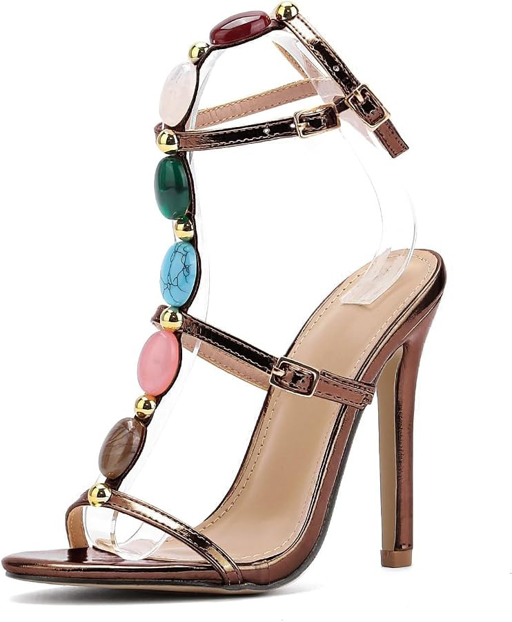 Kluolandi Jewelled Strappy Gold Heels for Women Open Toe Ankle Strap Gladiator Stiletto Heeled Sa... | Amazon (US)