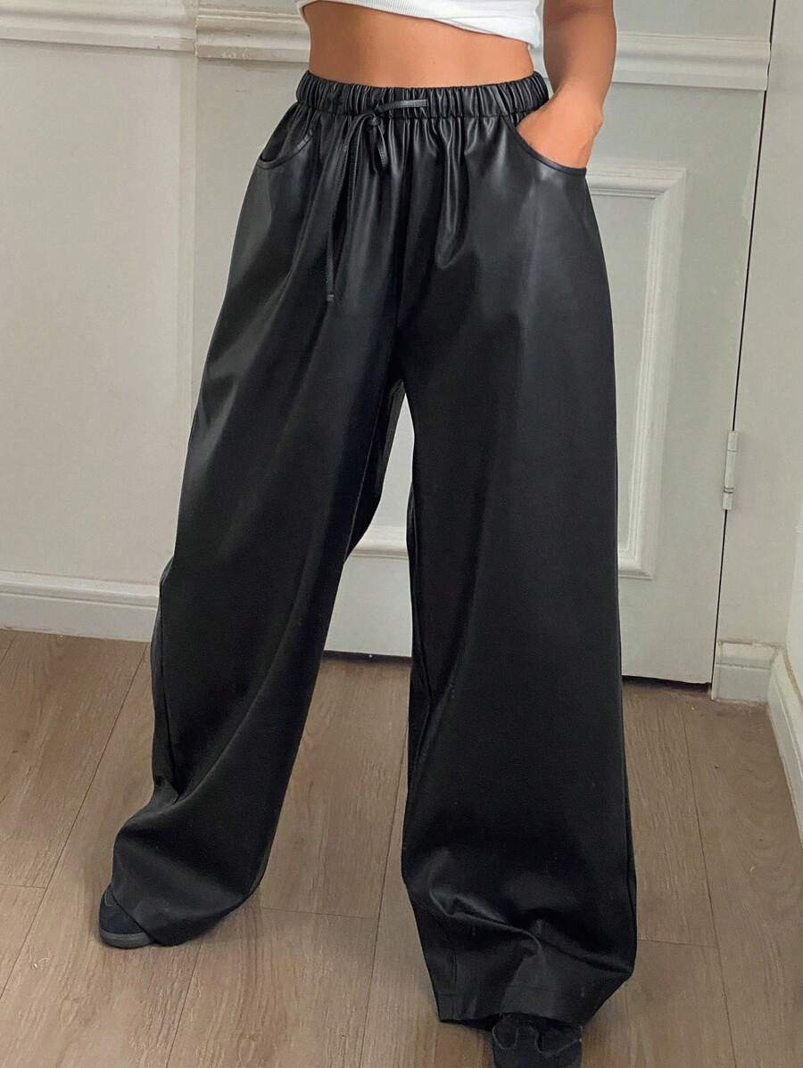 DAZY Solid Color PU Loose Straight Leg Pants With Drawstring Waist & Pockets For Women | SHEIN