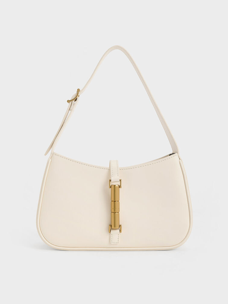 Cesia Metallic Accent Shoulder Bag - Cream | Charles & Keith US