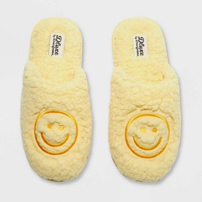 Women&#39;s dluxe by dearfoams Happy Face Slide Slippers - Yellow S | Target