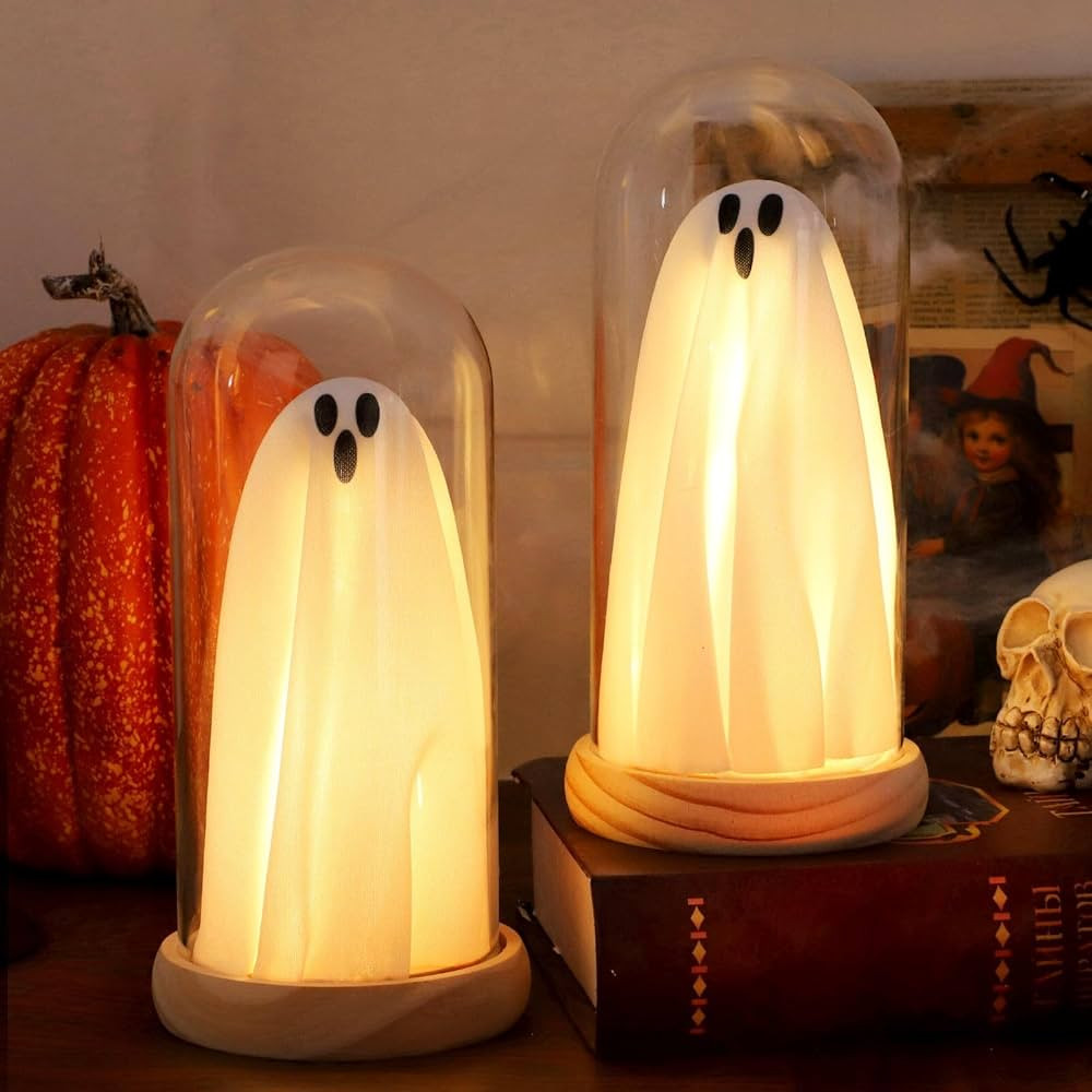 Halloween Decorations Indoor, Light Up Ghosts in Glass Domes with Wood Base, Cute Halloween Decor... | Amazon (US)