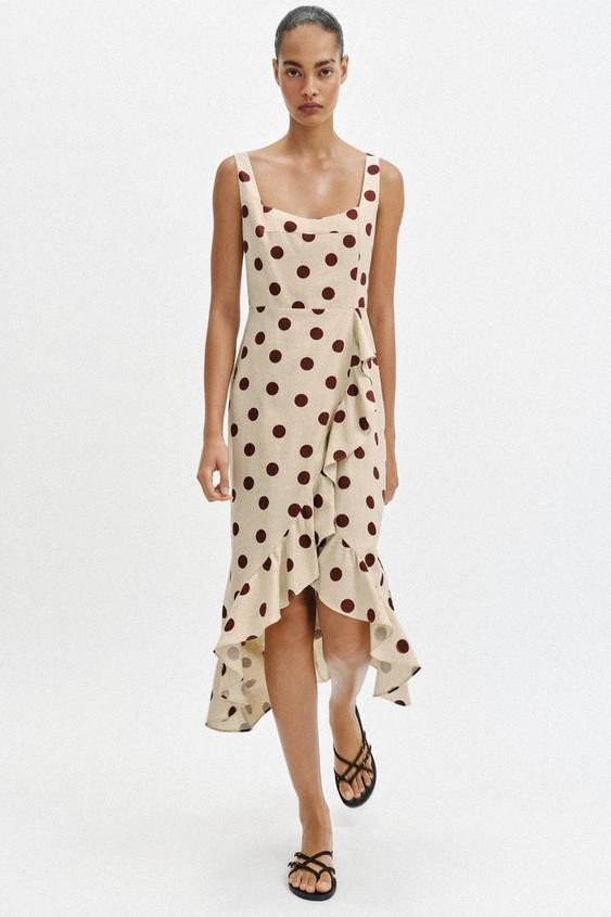 LINEN BLEND POLKA DOT MIDI DRESS | Zara US