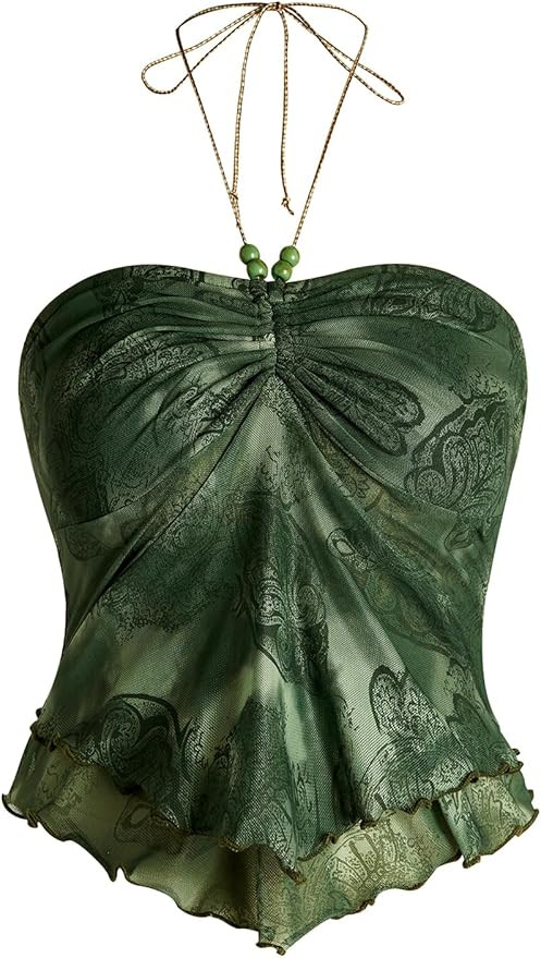 Women's Y2k Hippie Vintage Boho Tops Gothic Mesh Tie Back Halter Going Out Top Western Fairy 2000... | Amazon (US)