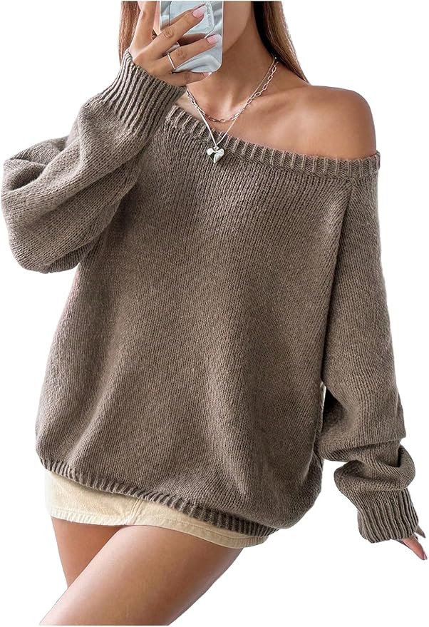 MakeMeChic Women's Solid Color Long Sleeve Sweater One Shoulder Tops Ribbed Knitted Pullover Fall... | Amazon (US)