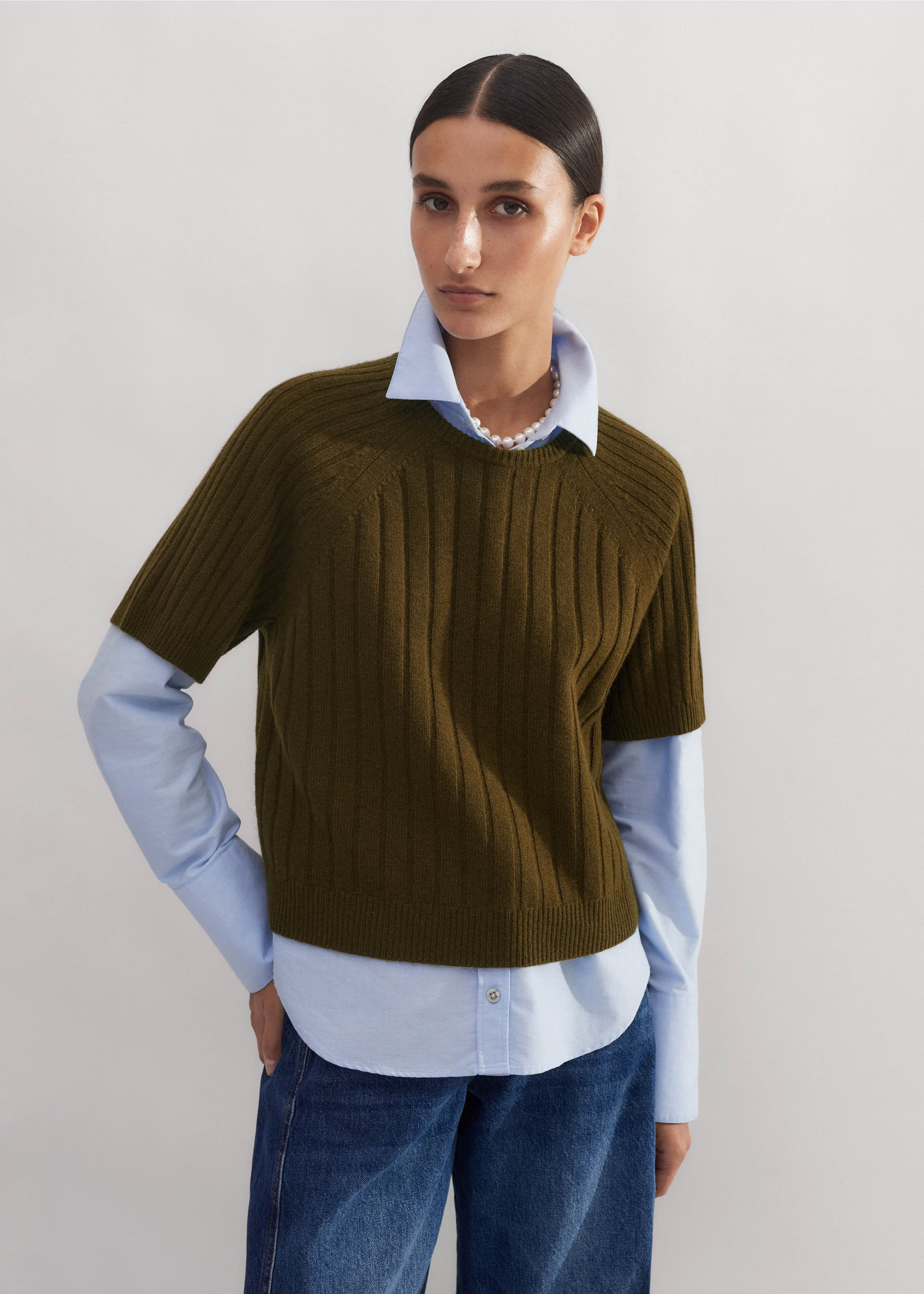Women's Brown Merino Cashmere Crop Rib Tee | ME+EM | ME+EM US