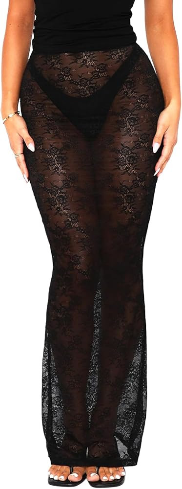 OZICERD Sheer Mesh Lace Maxi Skirts for Women Bodycon Pencil Skirt See Through Rave Vacation Beac... | Amazon (US)