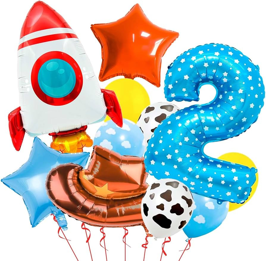 Toy Themed Number 2 Balloon, Happy Birthday Colorful Balloons With Rocket and Cowboy Hat, Rainbow... | Amazon (US)