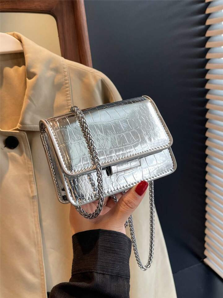 Mini Square Bag Metallic Crocodile Embossed Flap , Funky, Punk & Bag For Street Wear | SHEIN