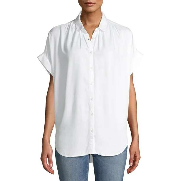 Time and Tru Women's Button Front Shirt with Rolled Sleeves | Walmart (US)