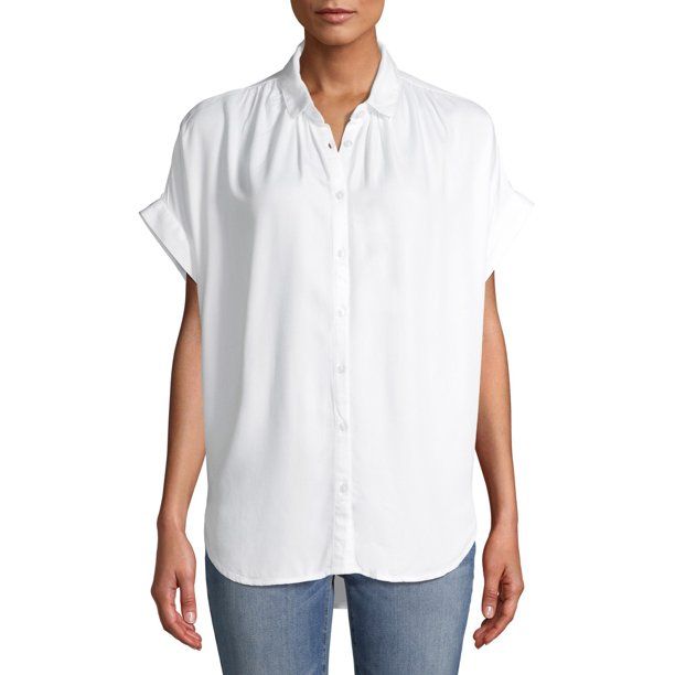 Time and Tru Women's Button Front Shirt with Rolled Sleeves | Walmart (US)