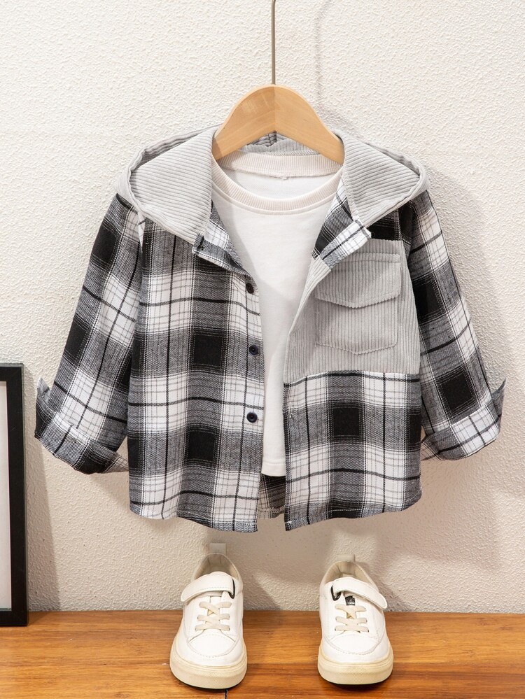 New
     
      Toddler Boys Plaid Print Flap Pocket Hooded Coat Without Tee | SHEIN