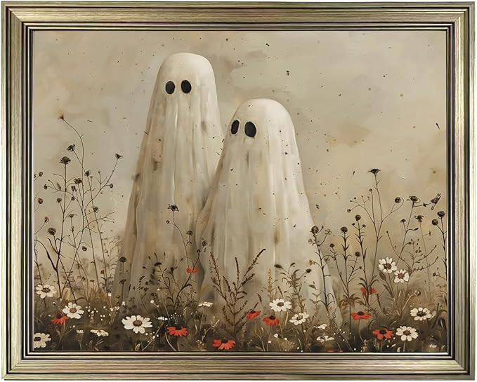 Framed Vintage Cute Ghosts in Wildflower Meadow Wall Art Spooky Halloween Fall Painting Moody Gho... | Amazon (US)