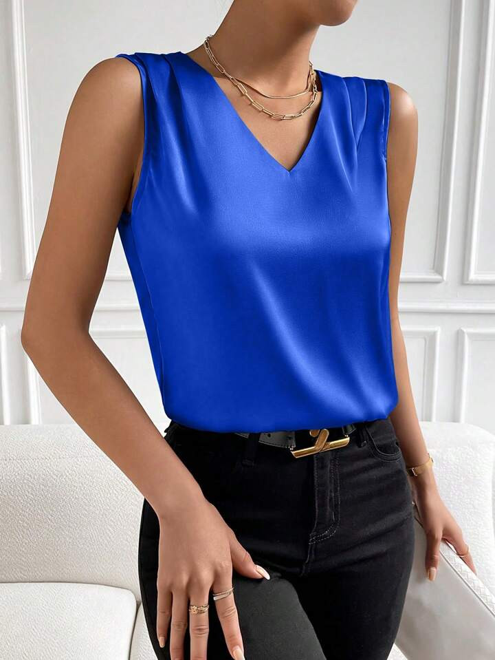SHEIN Privé Solid V Neck Satin Blouse | SHEIN
