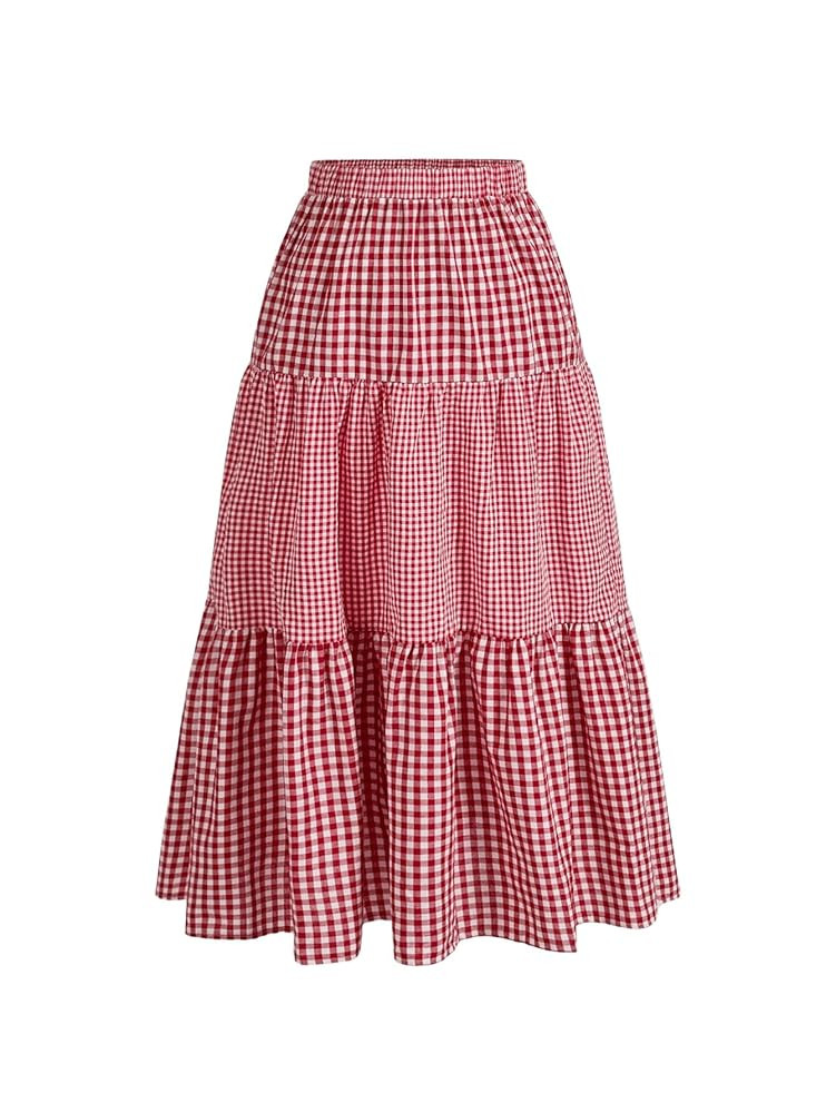 Women's Plus Size Gingham Tiered Layer Skirt Flowy Elastic High Waist A Line Skirts | Amazon (US)
